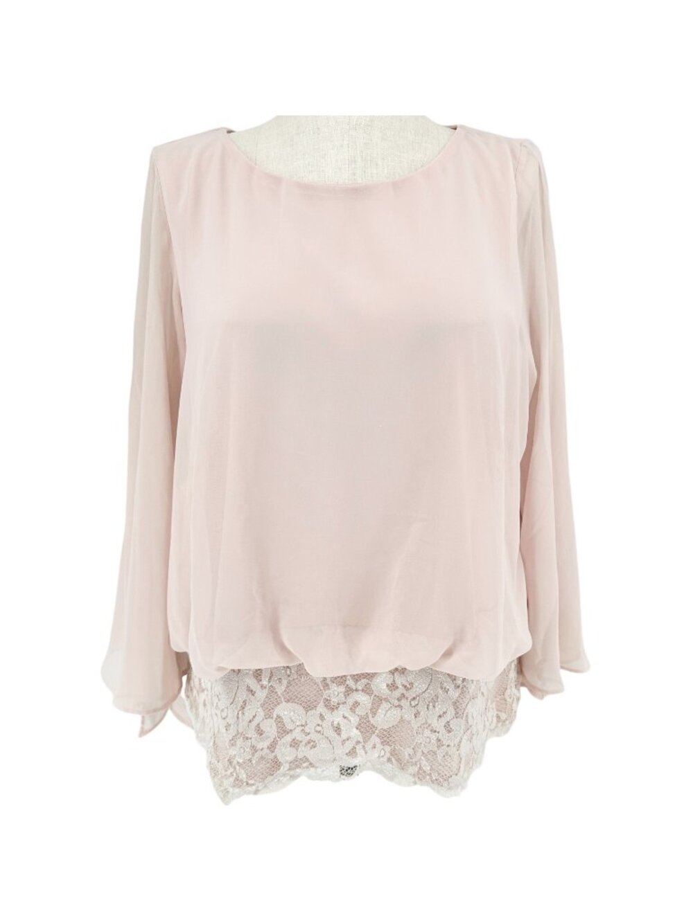 Collection By Dressbarn Blouse Women 2X Blush Pink Chiffon Lace Hem Split Sleeve
